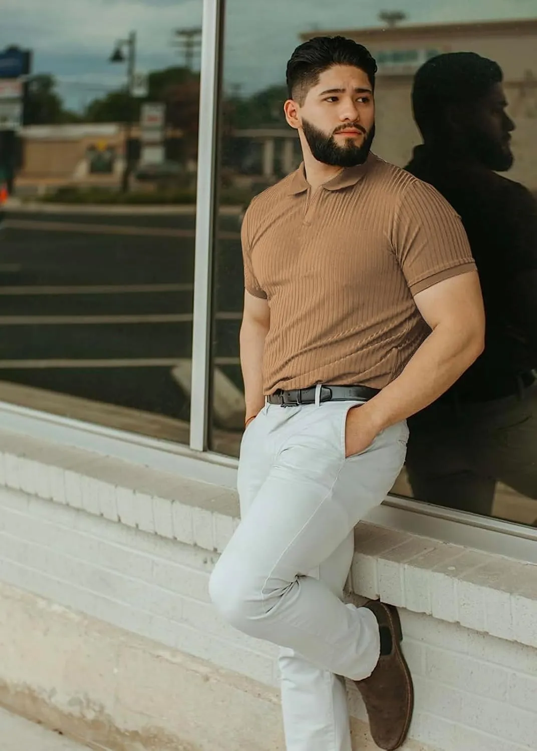 Collared Muscle Shirts for Men Ribbed Knit Slim Fit Polo Shirts Short Sleeve, Mens V Neck T Shirts Casual Stylish