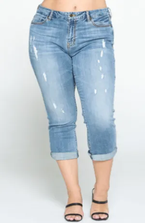 Distressed Capri Denim with Rolled Hem