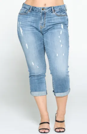 Distressed Capri Denim with Rolled Hem