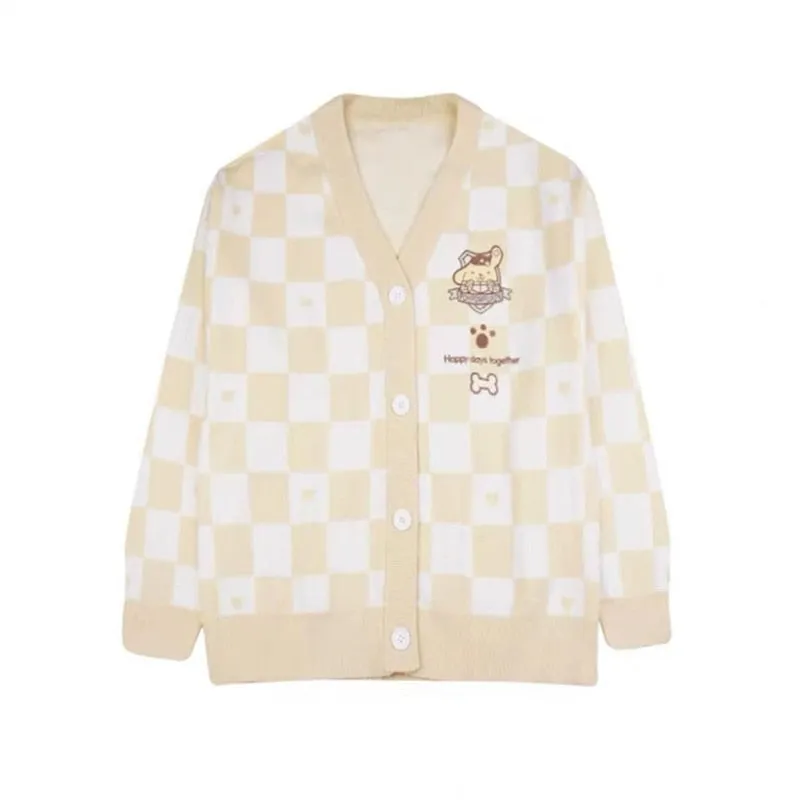 FashionSierra - Plaid Embroidery Sweaters Kawaii Loose V-neck Bowknot Big Pocket Knitte