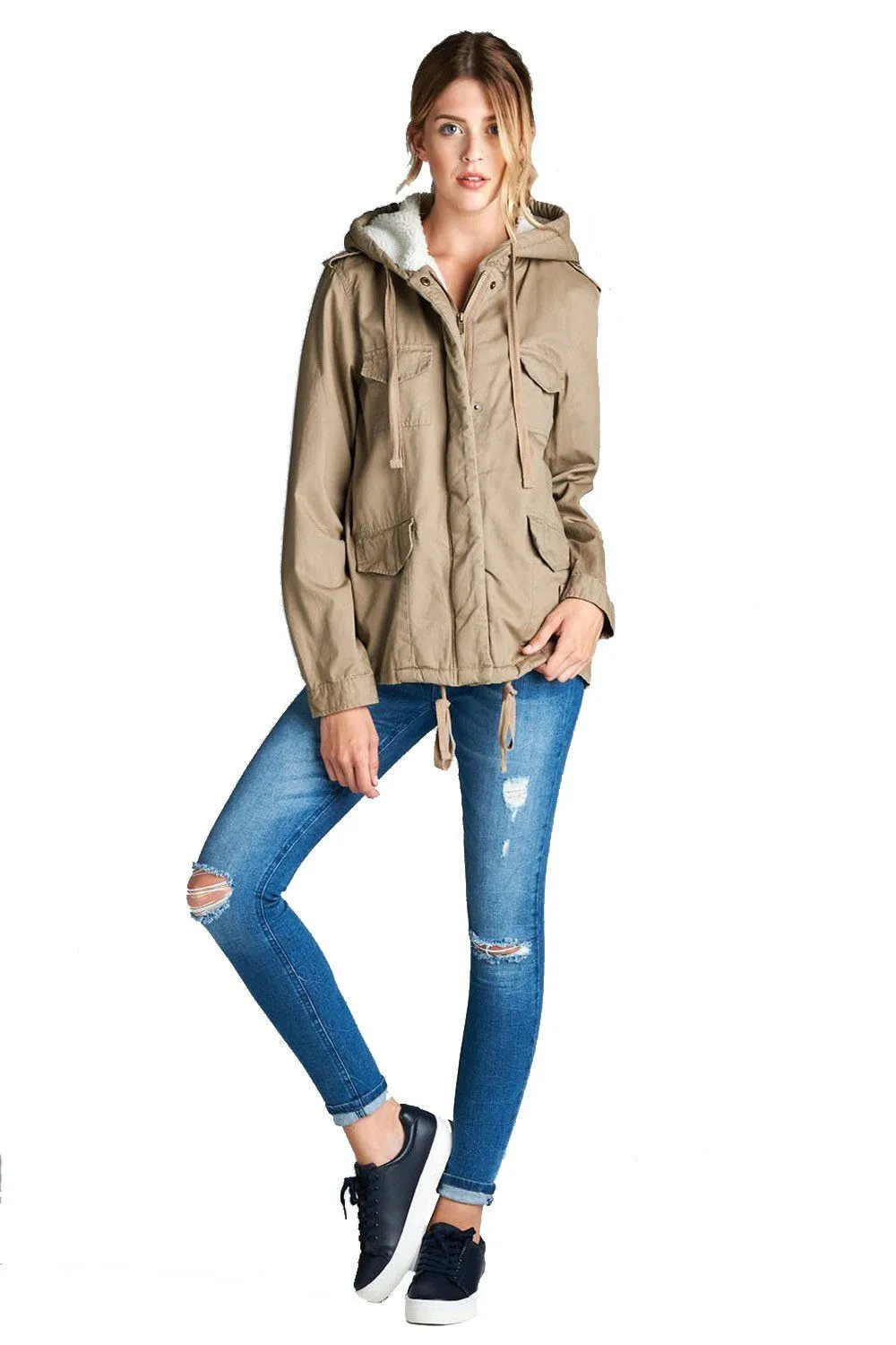 Faux Fur-Lined Contrast Anorak Parka Jacket in Khaki