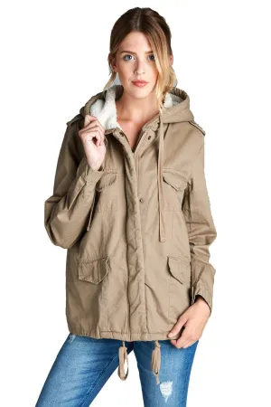 Faux Fur-Lined Contrast Anorak Parka Jacket in Khaki