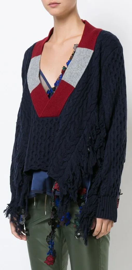 Fringed Wool Cable Knit Sweater, Blue