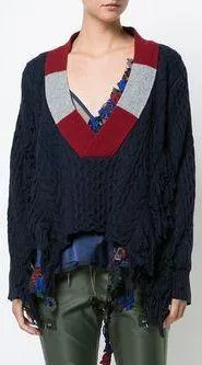 Fringed Wool Cable Knit Sweater, Blue