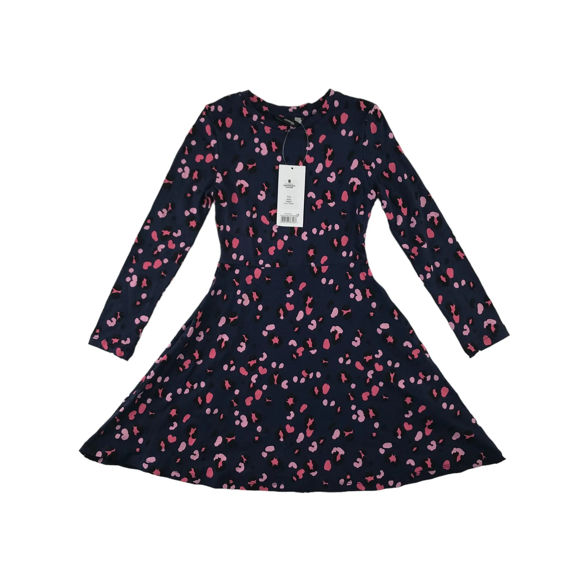 George Dress 5 years Navy Blue Long Sleeve T-shirt Pink Leopard Spot Print