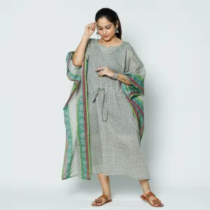 Grey - Kanchipuram Checks Cotton Kaftan with Tie-Up Waist (Medium)