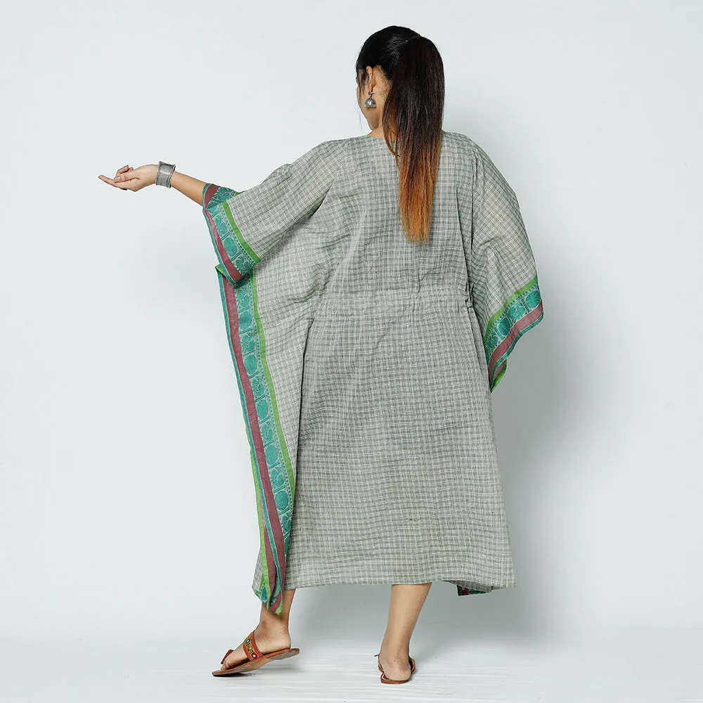 Grey - Kanchipuram Checks Cotton Kaftan with Tie-Up Waist (Medium)