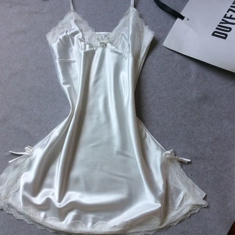 Ladies Sexy Silk Sleepwear Satin Nightgown V-Neck Nightdress Slip Nighties Summer Night Dress Lace Gown Lingerie For Women