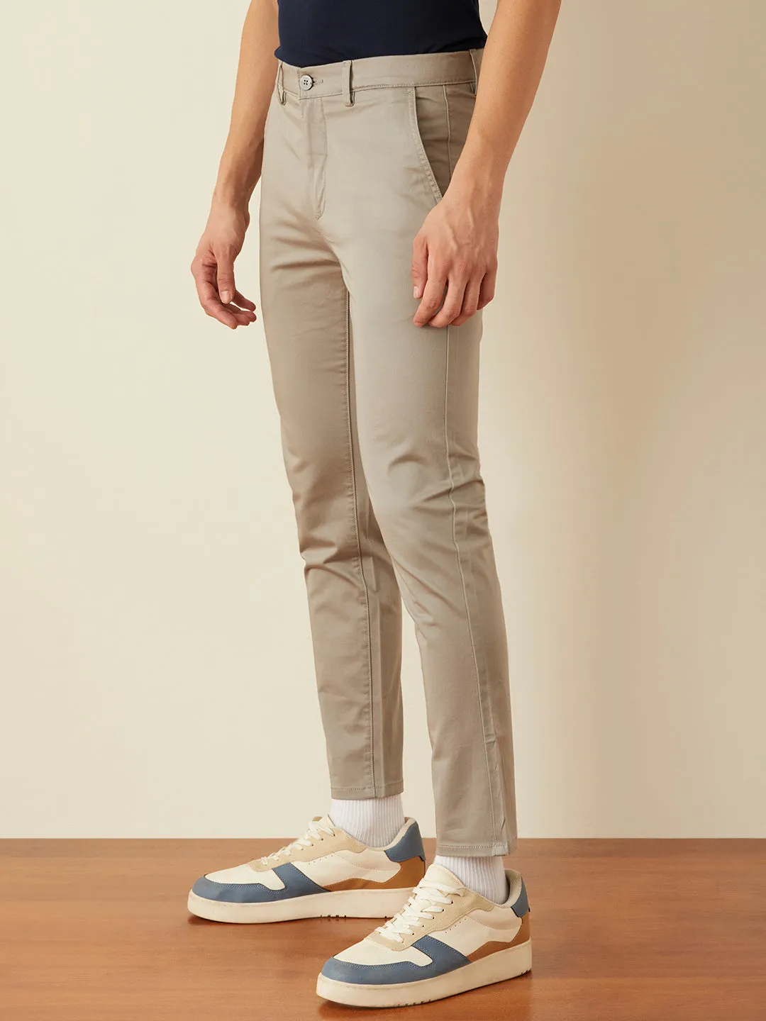 Light Grey Cotton Stretch Slim Fit Trousers