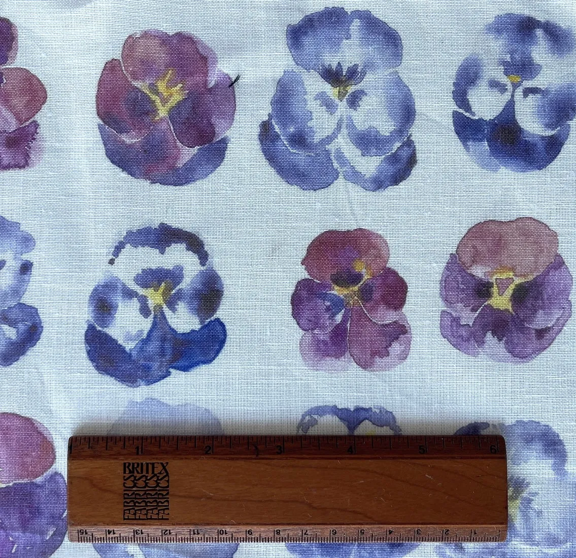 Light to Mid-Weight Rows of Delicate Pansies on White Linen (Made in Poland)