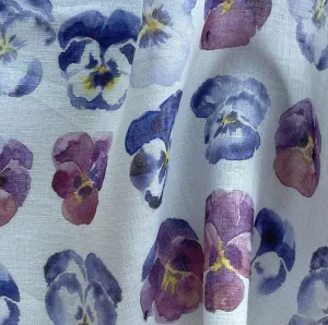 Light to Mid-Weight Rows of Delicate Pansies on White Linen (Made in Poland)
