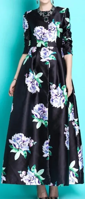 Long Floral-Print Single-Breasted Coat