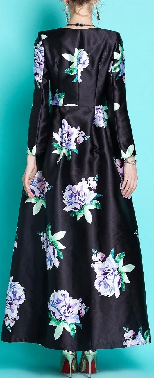 Long Floral-Print Single-Breasted Coat