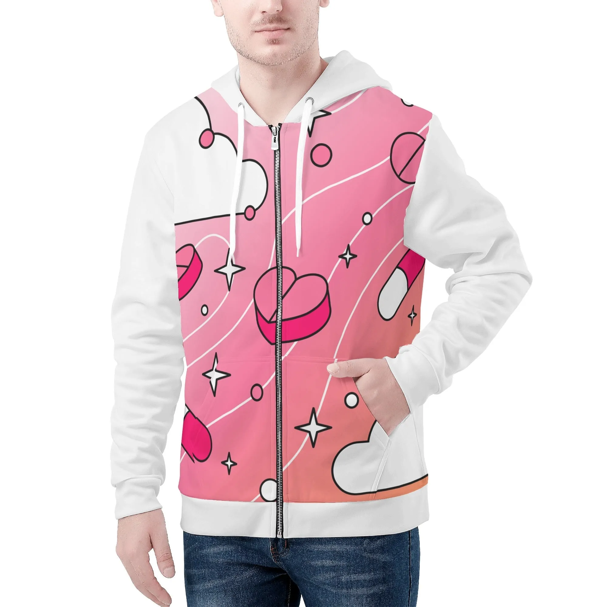 Love Is A Drug Mens Full Zip Hoodie (white sleeve)