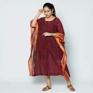 Maroon - Kanchipuram Checks Cotton Kaftan with Tie-Up Waist (Medium)