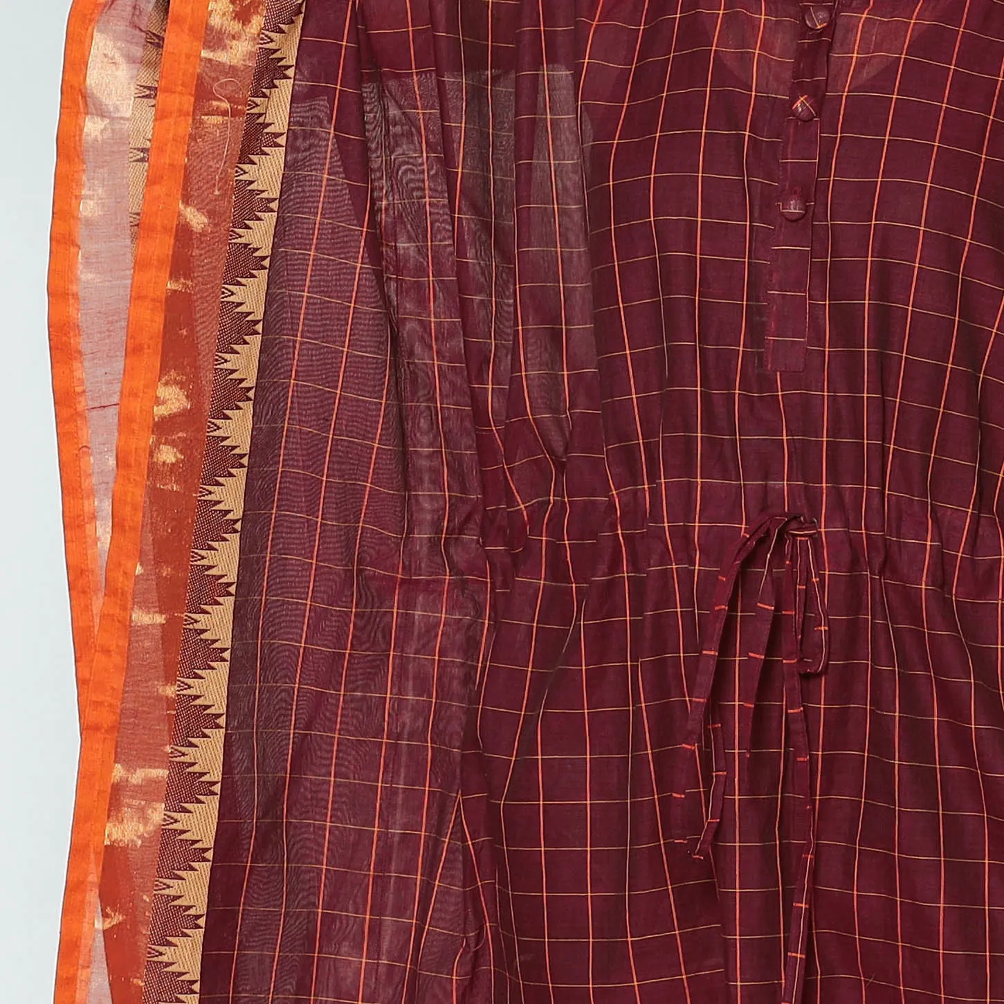 Maroon - Kanchipuram Checks Cotton Kaftan with Tie-Up Waist (Medium)