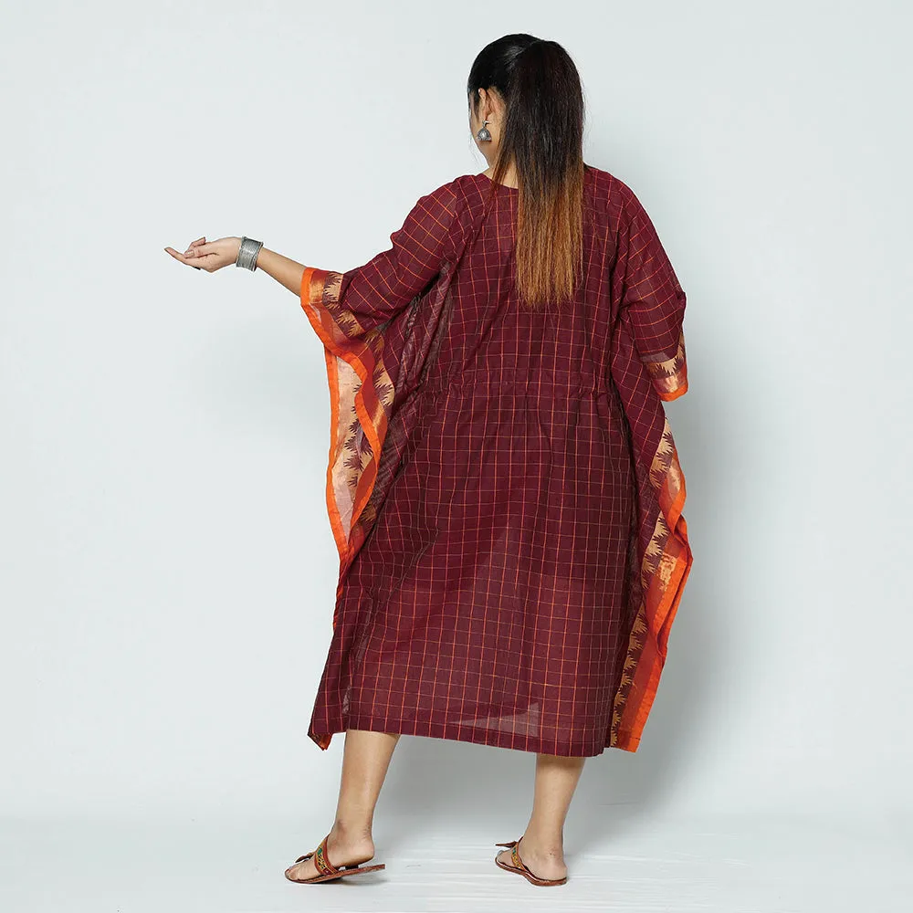 Maroon - Kanchipuram Checks Cotton Kaftan with Tie-Up Waist (Medium)
