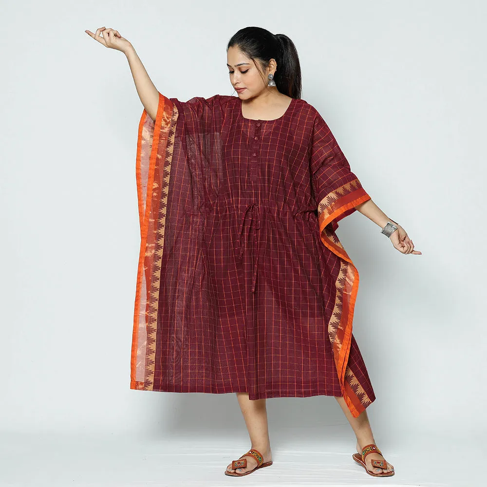 Maroon - Kanchipuram Checks Cotton Kaftan with Tie-Up Waist (Medium)