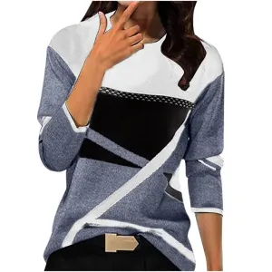 NEW BELLZELY Long Sleeve Tops for Women Clearance Trendy Casual O-Neck Stitching Contrast Color Long Sleeve T-shirt Blouse Ivory/Grey Sz L