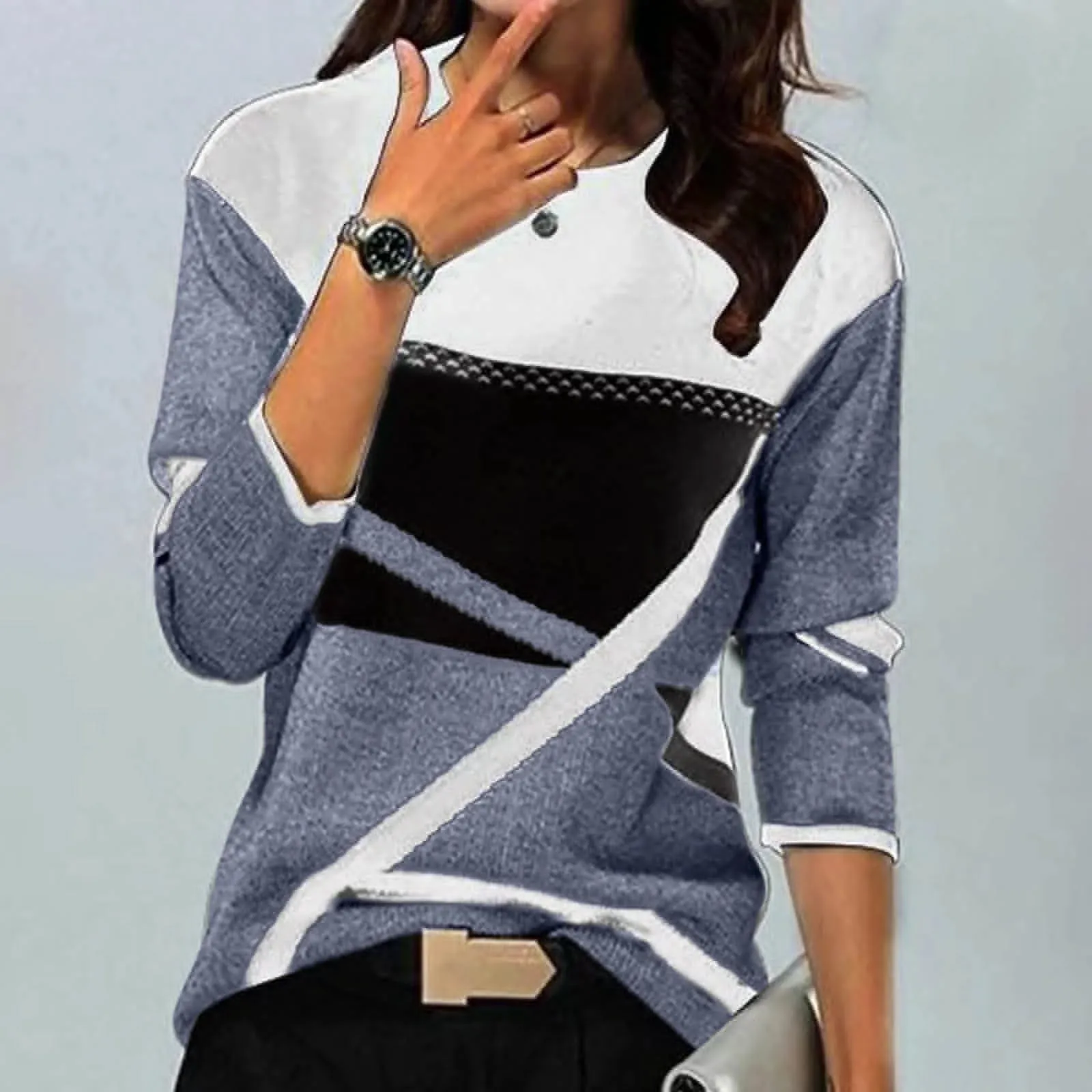 NEW BELLZELY Long Sleeve Tops for Women Clearance Trendy Casual O-Neck Stitching Contrast Color Long Sleeve T-shirt Blouse Ivory/Grey Sz L