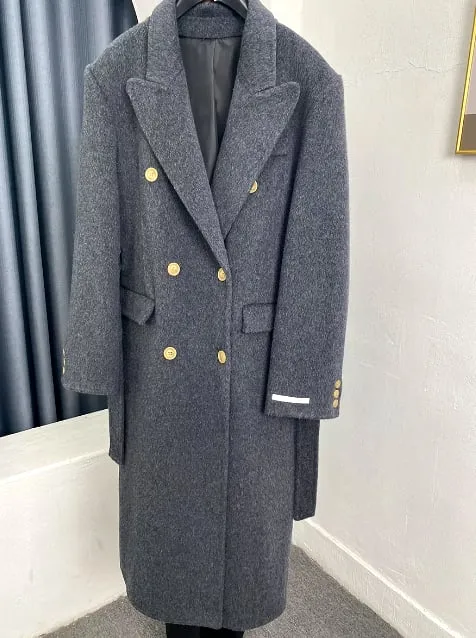 NEW Retails $369, Women's Hand Made 100% Australian Merino Wool Suit Collar Double Breasted Wool Coat Fashion, Grey, Sz M