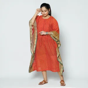 Orange - Kanchipuram Checks Cotton Kaftan with Tie-Up Waist (Medium)