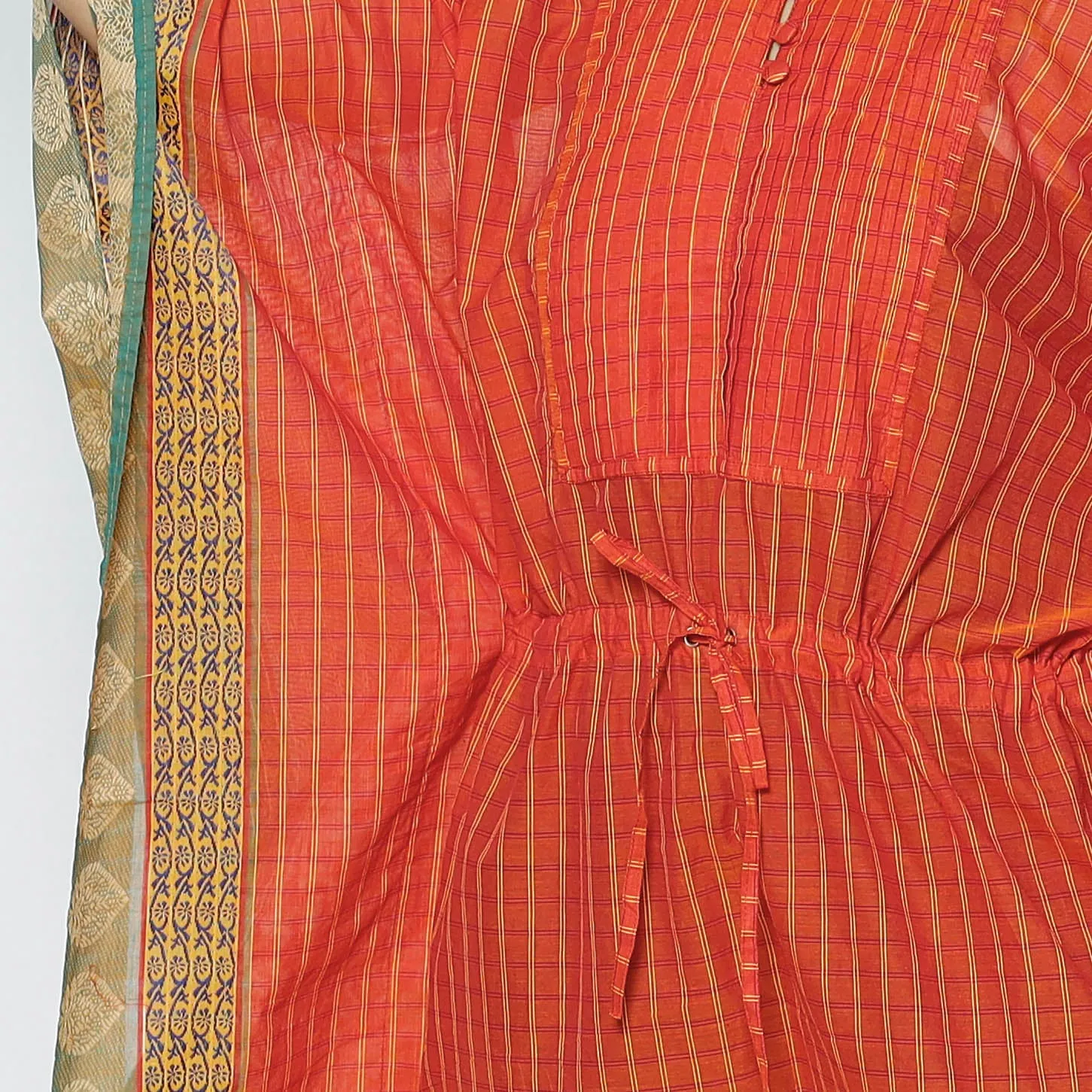 Orange - Kanchipuram Checks Cotton Kaftan with Tie-Up Waist (Medium)