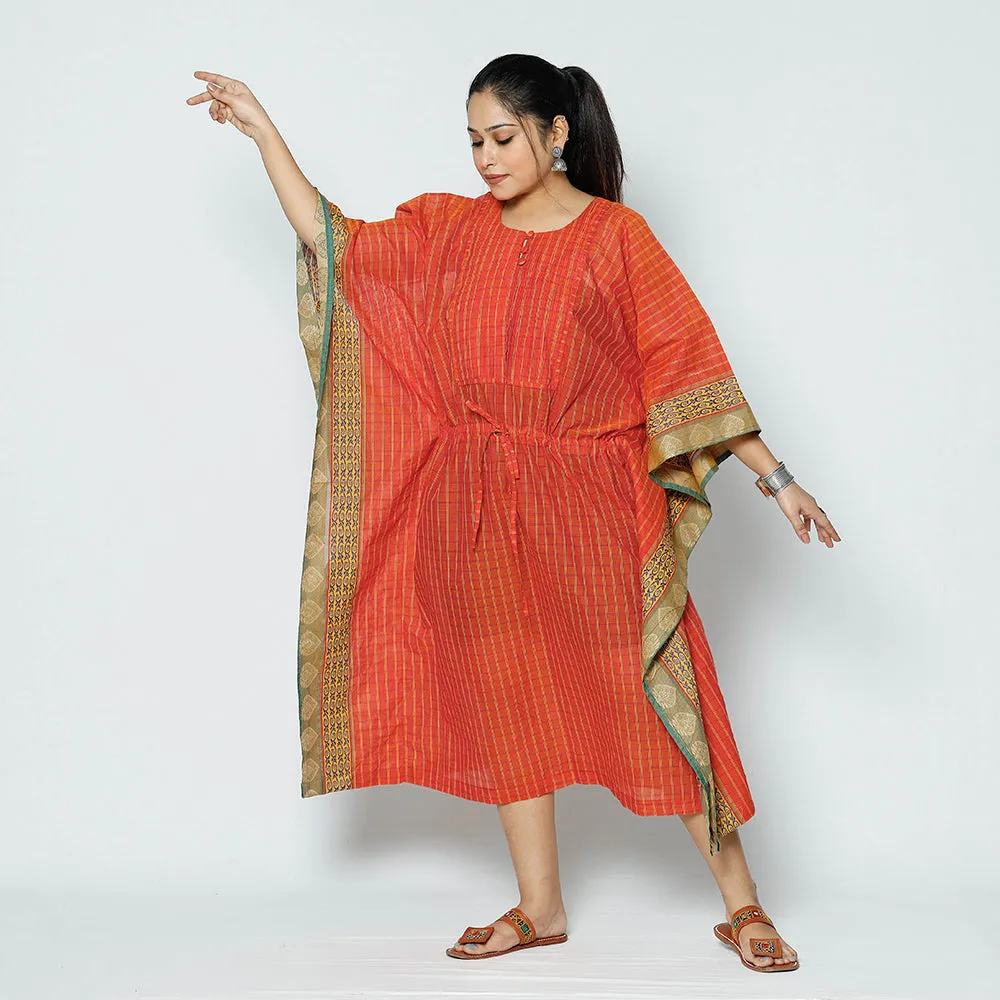 Orange - Kanchipuram Checks Cotton Kaftan with Tie-Up Waist (Medium)
