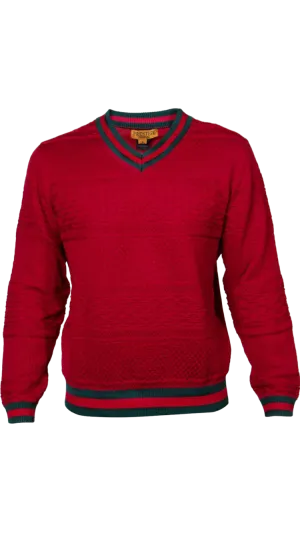 Prestige Men's Red V-neck Sweater Fashion style Green and Red Stripes