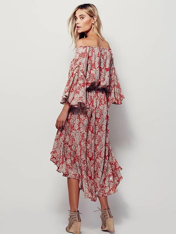 Pretty Bohemia Floral Off-shoulder Falbala Maxi Dress