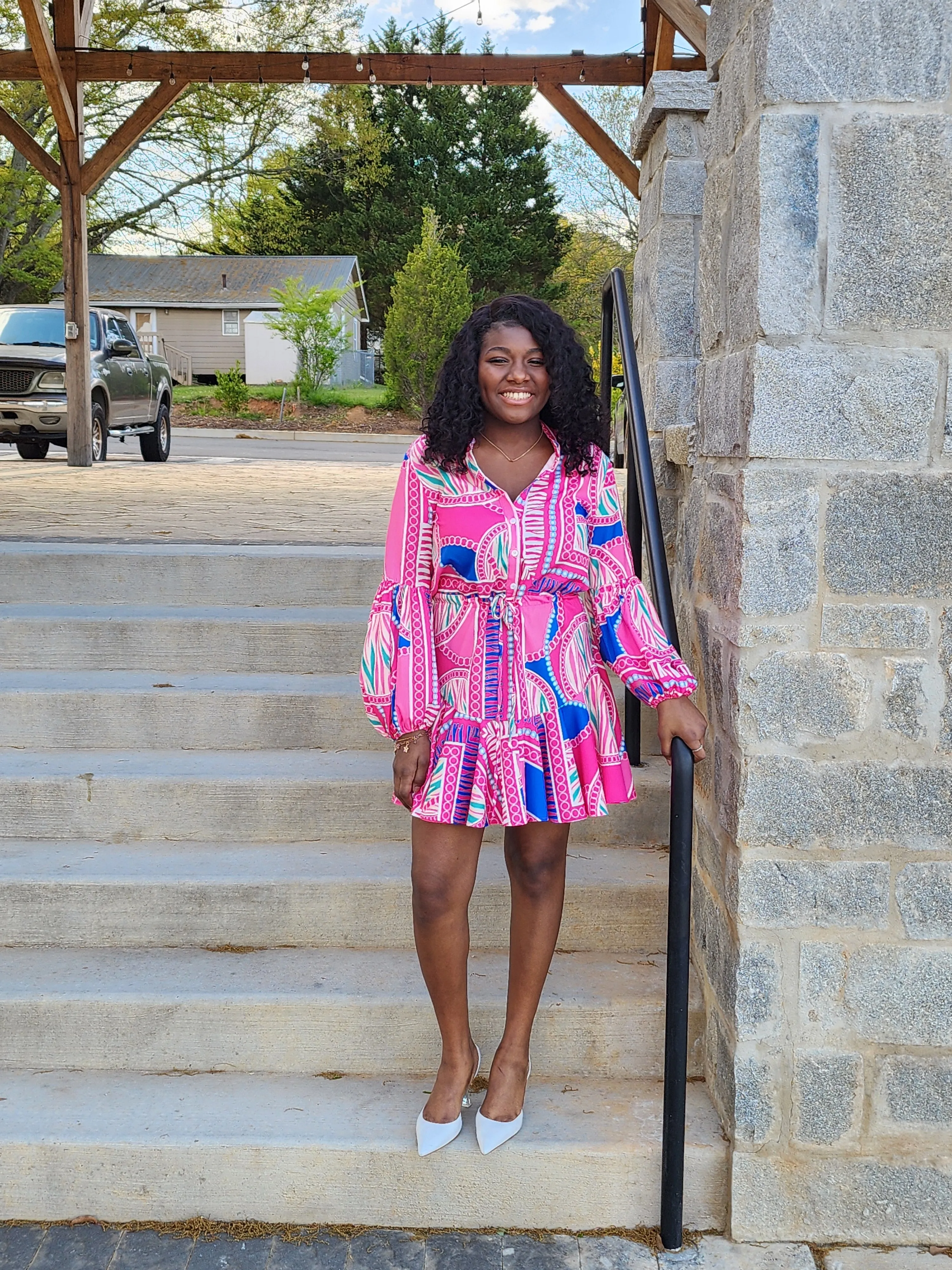 Print Adjustable Balloon Sleeve Dress