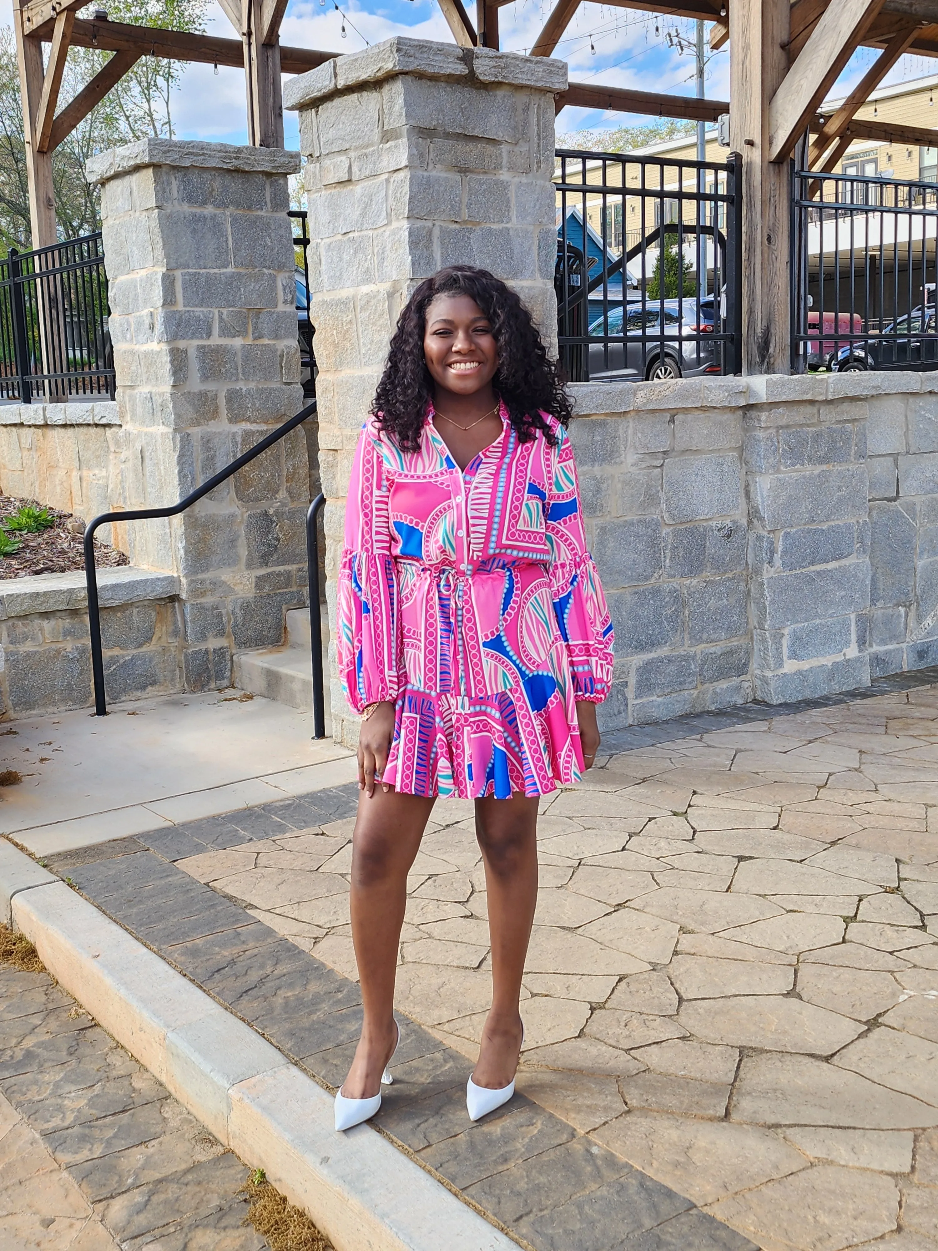 Print Adjustable Balloon Sleeve Dress