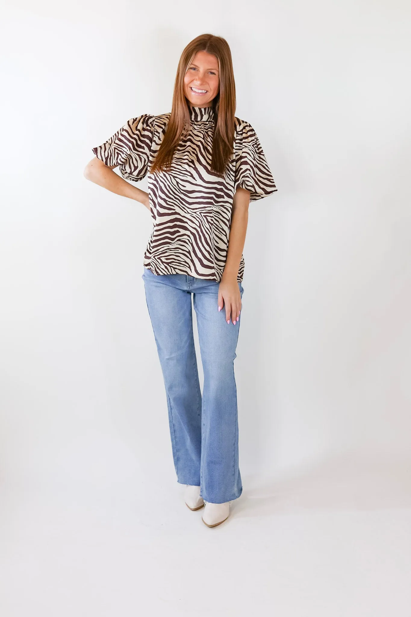 Rival Flair Zebra Print Top with Mock Neck in Chocolate Brown and Cream
