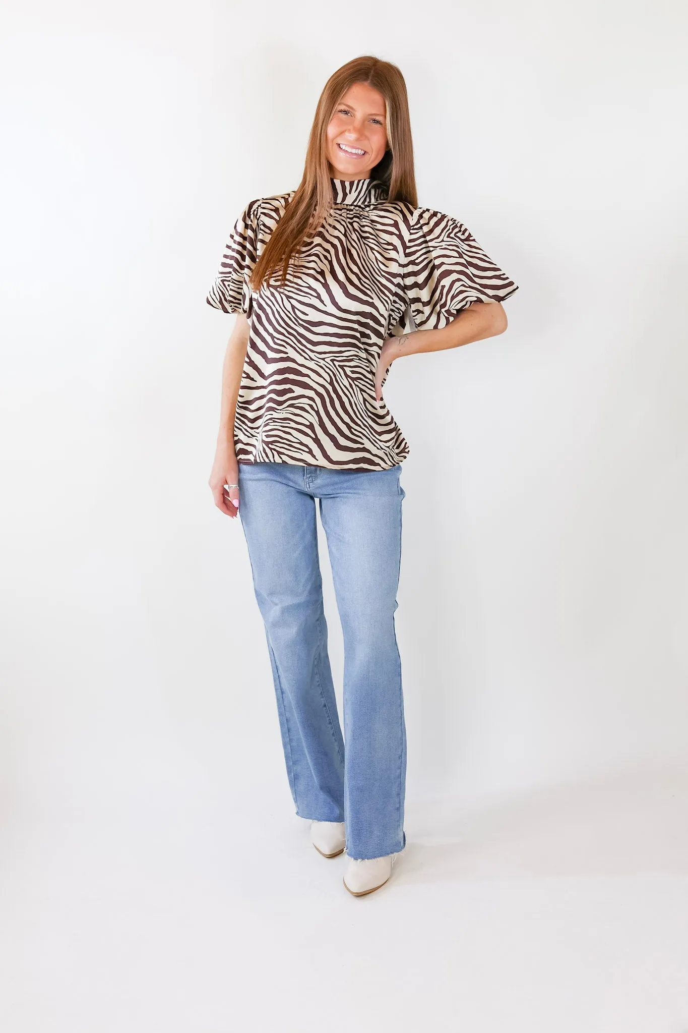 Rival Flair Zebra Print Top with Mock Neck in Chocolate Brown and Cream