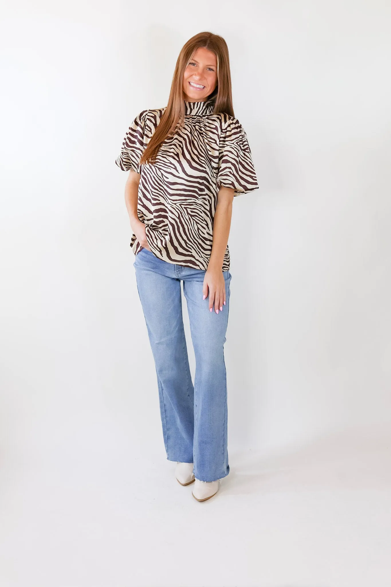 Rival Flair Zebra Print Top with Mock Neck in Chocolate Brown and Cream