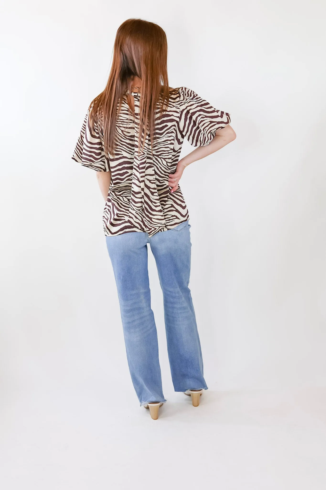 Rival Flair Zebra Print Top with Mock Neck in Chocolate Brown and Cream