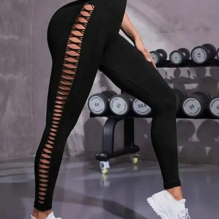 Sexy Hollow Black Seamless Leggings for Women Fitness Yoga Pants