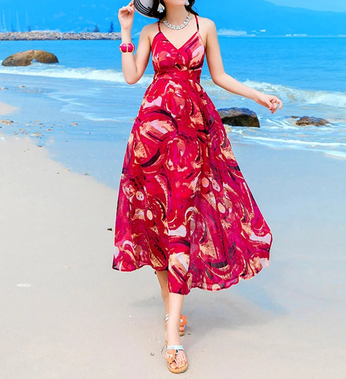 Sexy Printed Spaghetti Strap Back Cross Chiffon Beach Maxi Long Dress
