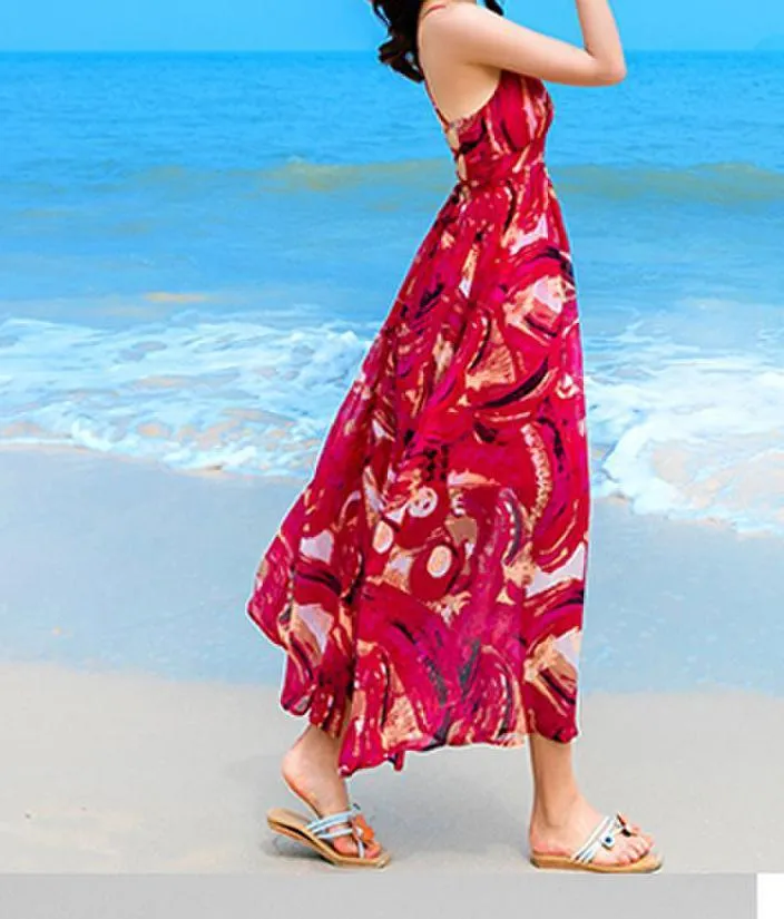Sexy Printed Spaghetti Strap Back Cross Chiffon Beach Maxi Long Dress