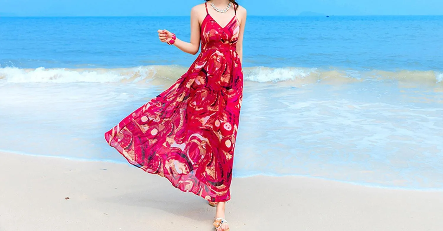 Sexy Printed Spaghetti Strap Back Cross Chiffon Beach Maxi Long Dress