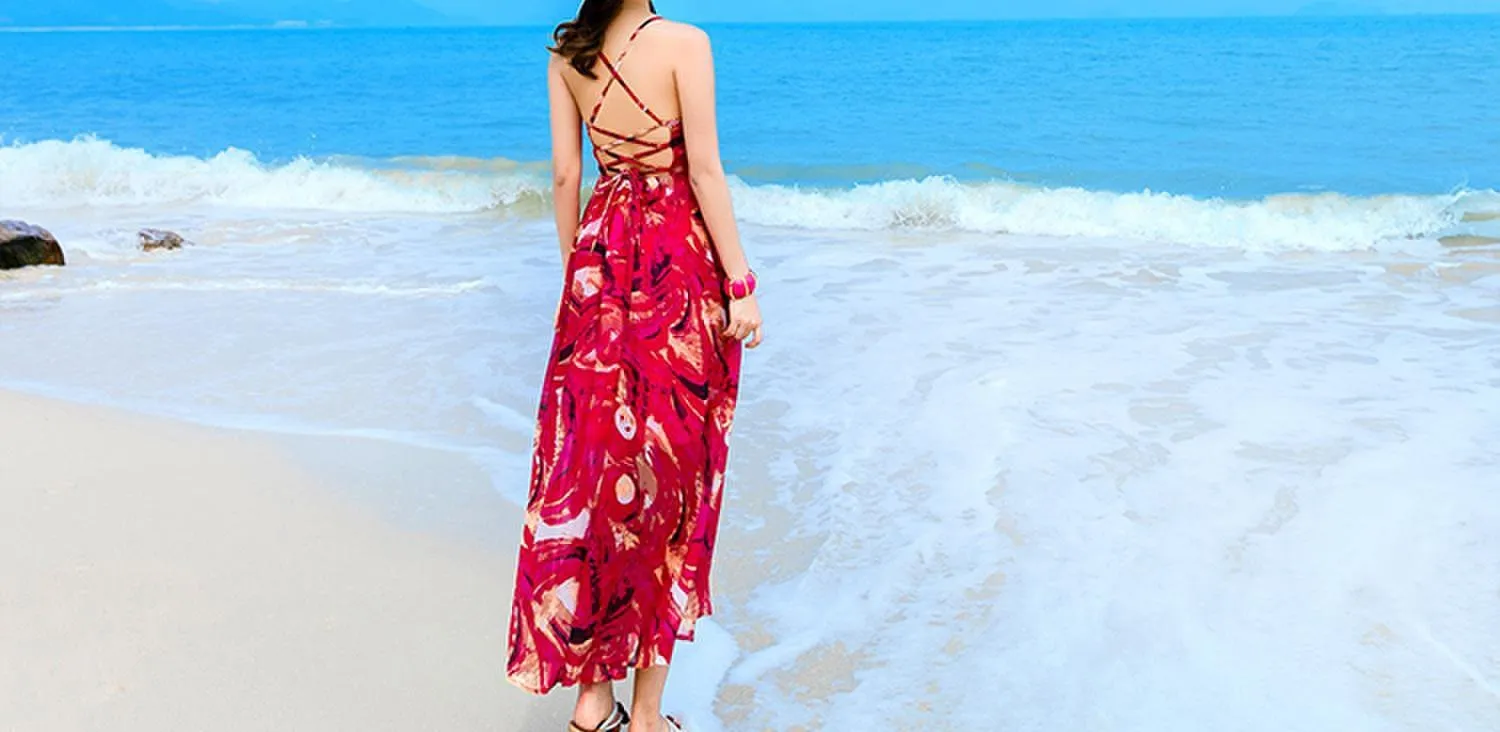 Sexy Printed Spaghetti Strap Back Cross Chiffon Beach Maxi Long Dress