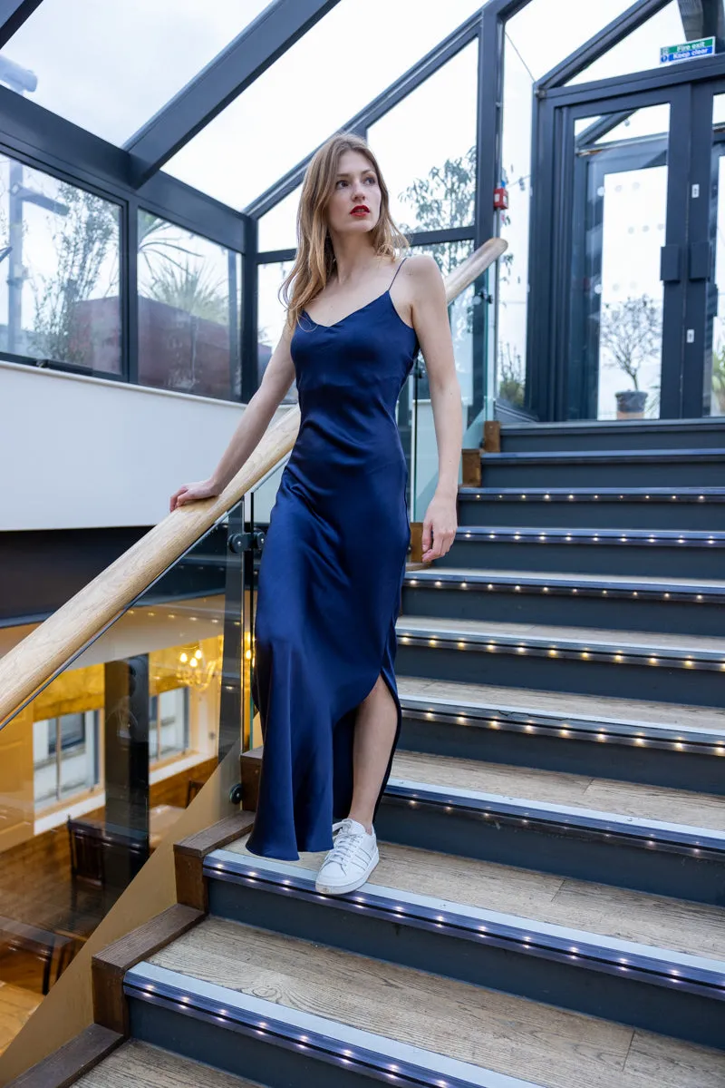 Silk Slip Dress in Navy