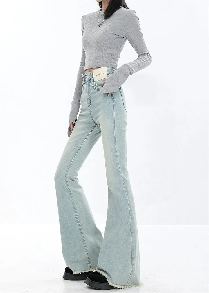 Skinny Reverse-Patch Distressed Hem Flared Jeans