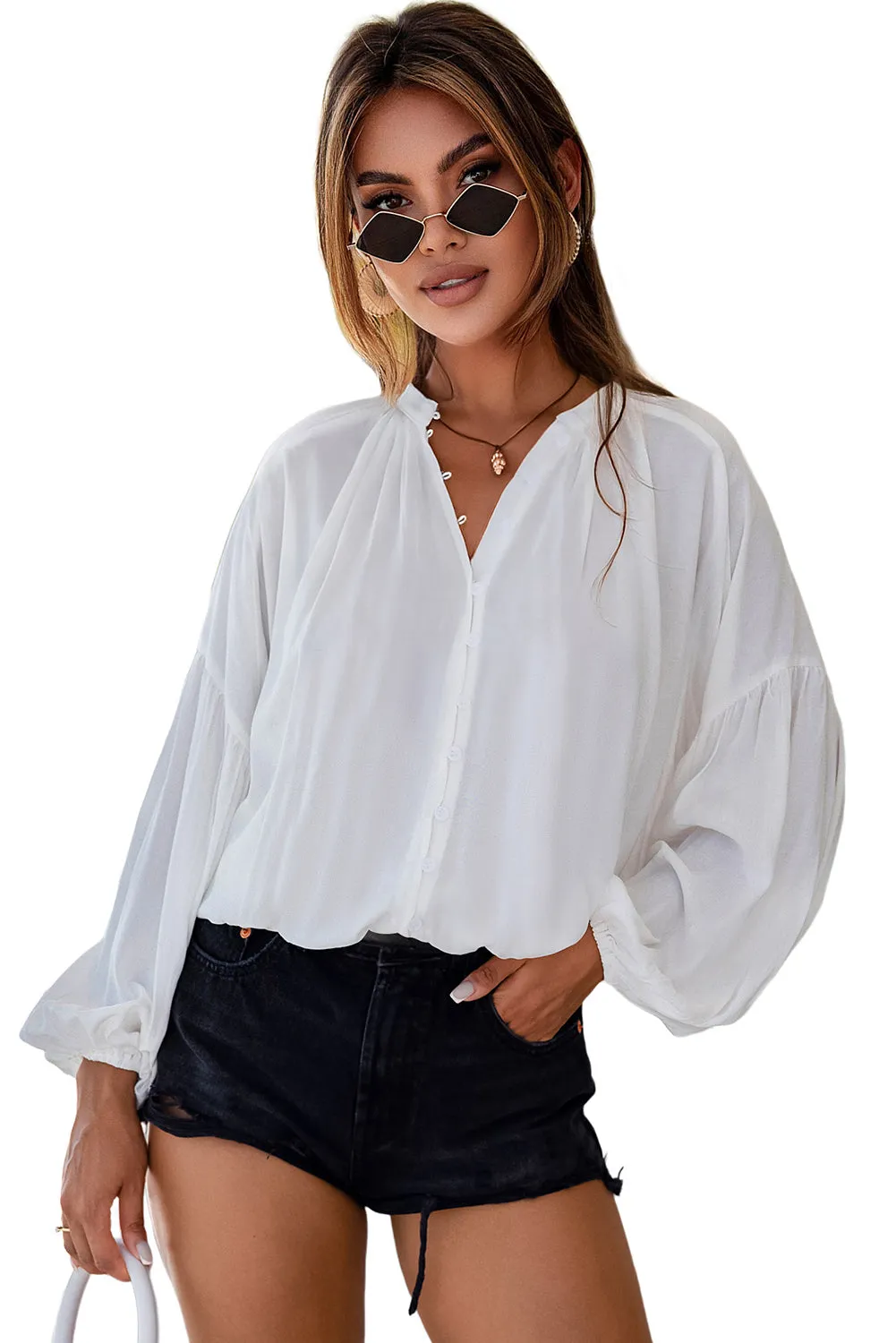 V Neck Balloon Sleeve Shirt