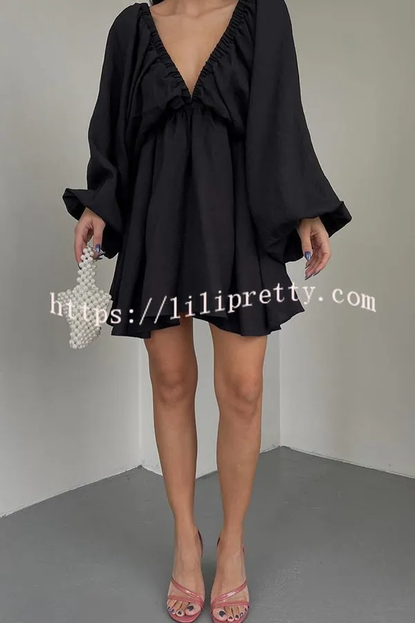 V Neck Puff Sleeve Solid Color Resort Style Mini Dress