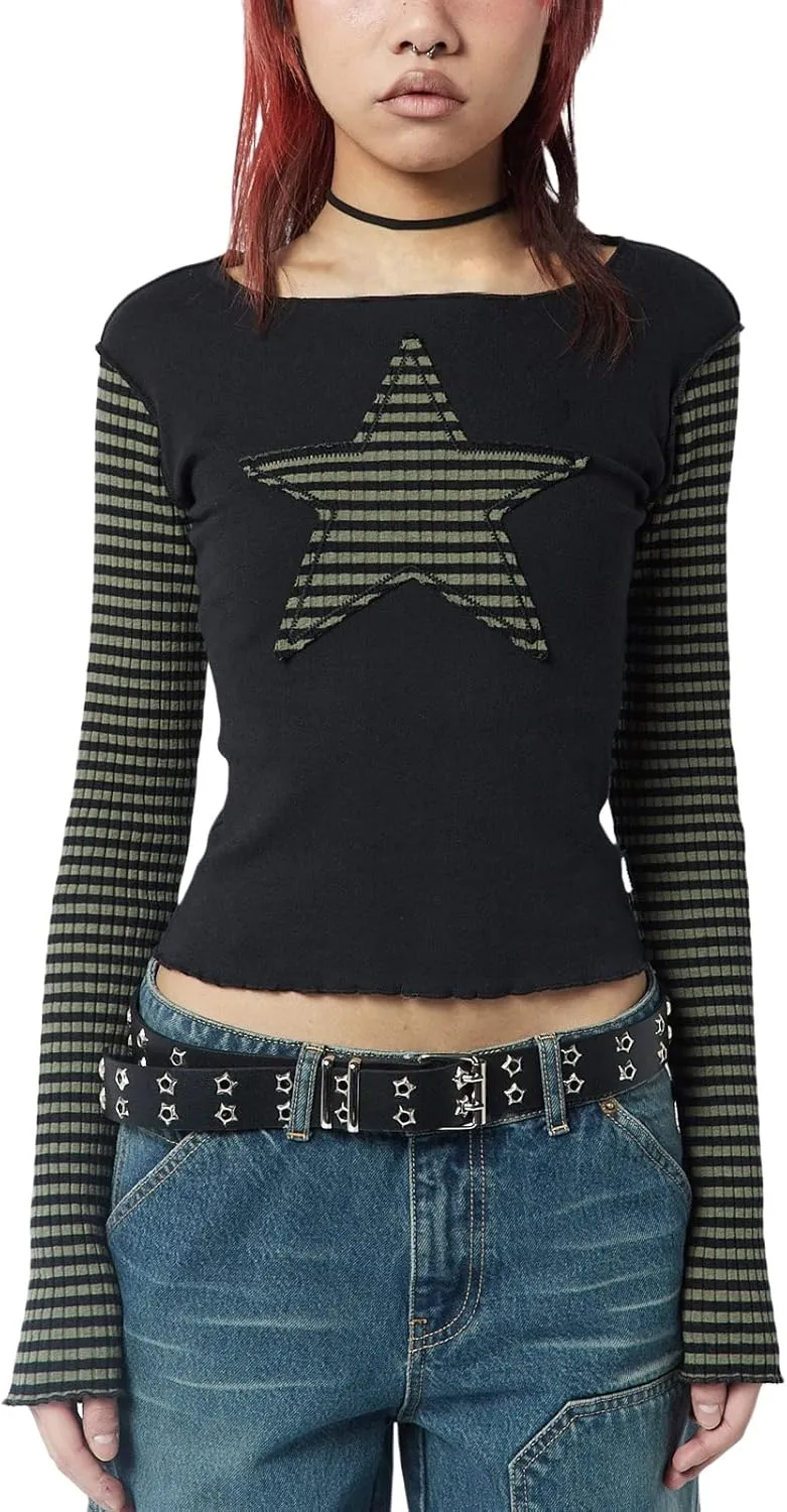Women Vintage Star Pattern Stripes Patchwork T Shirts Long Sleeve Crew Neck Crop Top Casual Y2K 90s Streetwear