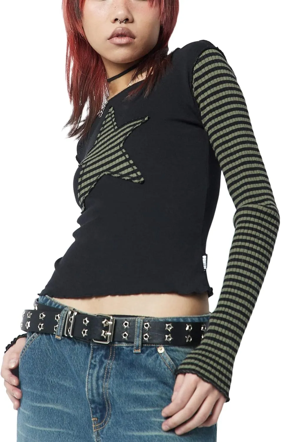 Women Vintage Star Pattern Stripes Patchwork T Shirts Long Sleeve Crew Neck Crop Top Casual Y2K 90s Streetwear