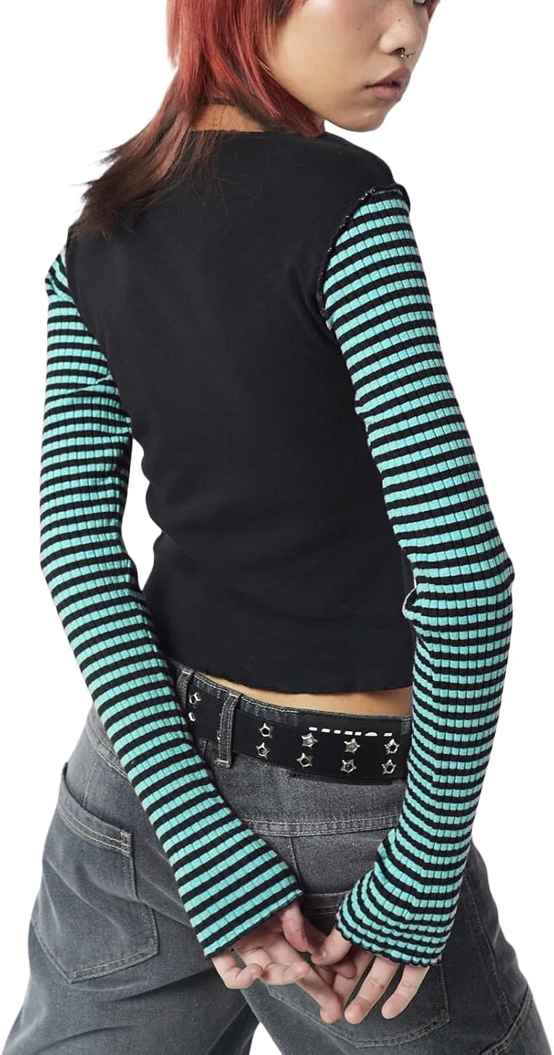 Women Vintage Star Pattern Stripes Patchwork T Shirts Long Sleeve Crew Neck Crop Top Casual Y2K 90s Streetwear