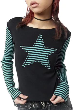Women Vintage Star Pattern Stripes Patchwork T Shirts Long Sleeve Crew Neck Crop Top Casual Y2K 90s Streetwear