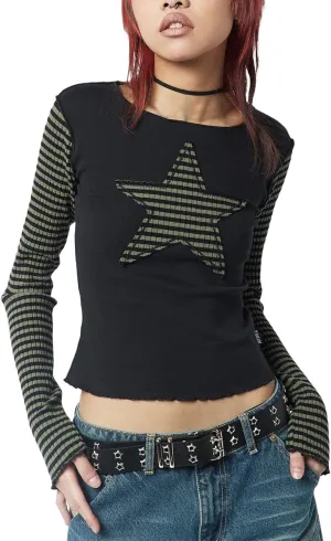 Women Vintage Star Pattern Stripes Patchwork T Shirts Long Sleeve Crew Neck Crop Top Casual Y2K 90s Streetwear